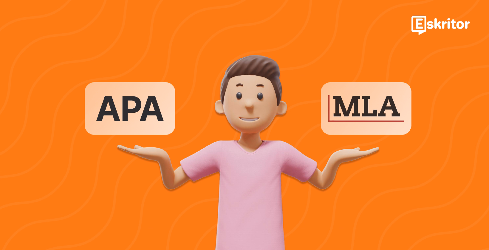 Персонаж сравнивает форматы цитирования APA и MLA с выделенными различиями и логотипом Eskritor в углу.