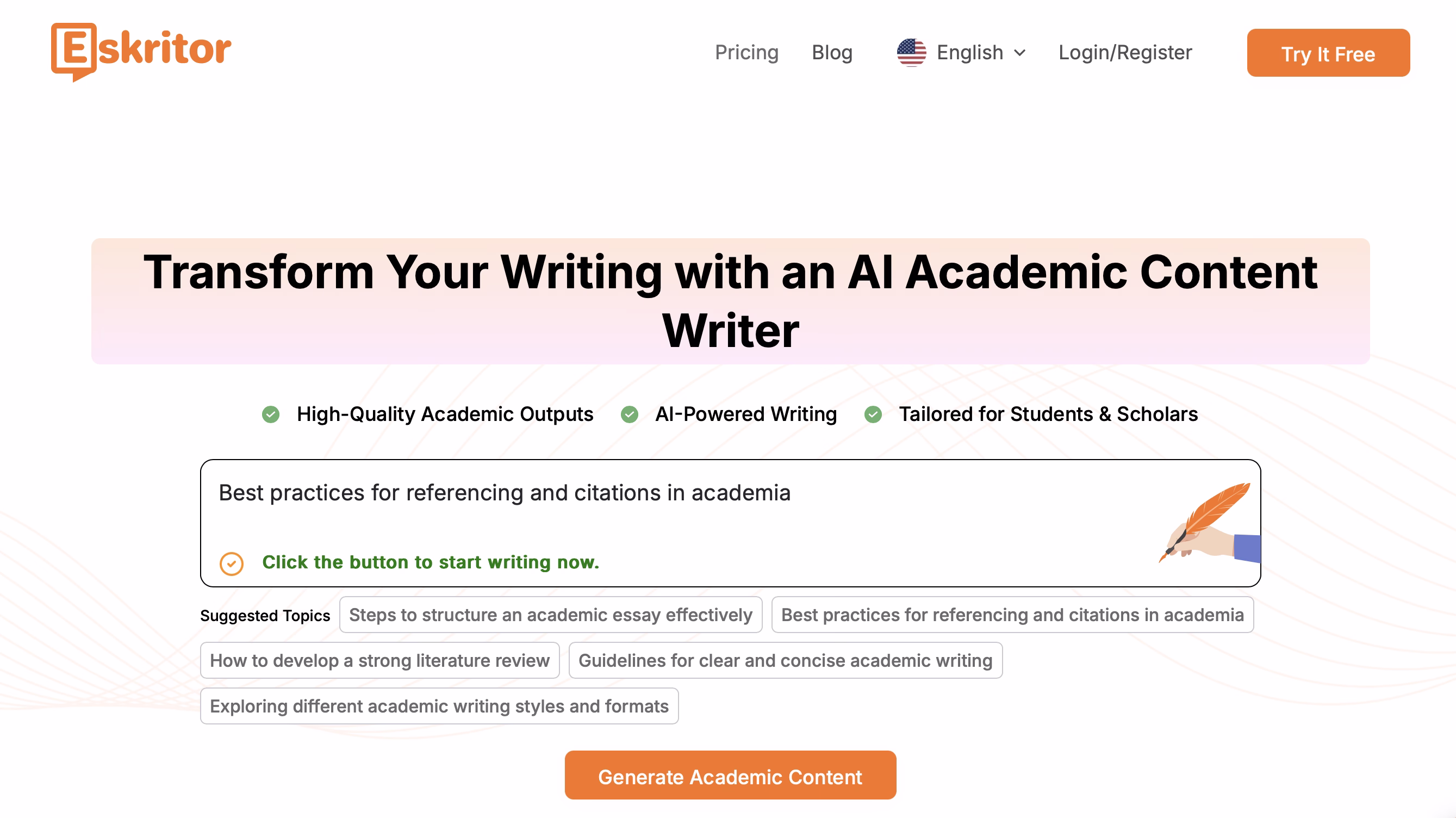 Eskritor website homepage featuring AI academic content writer with citation tools