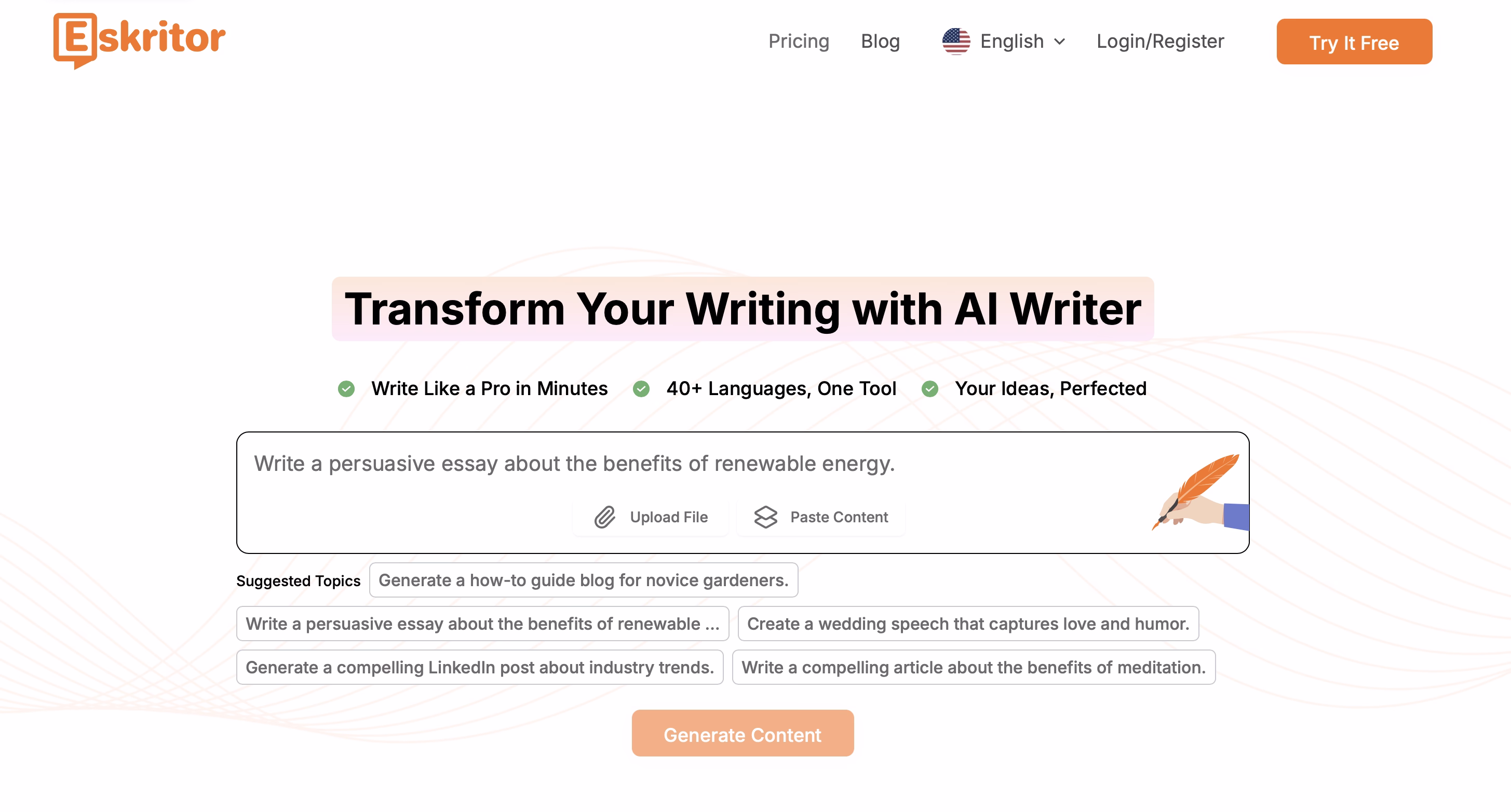 Eskritor AI writing tool interface showing input field and suggested topics for content creation