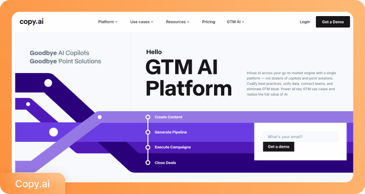İçerik oluşturma iş akışı ve süreç yönetimi araçlarını gösteren Copy.ai GTM yapay zeka platformu gösterge paneli