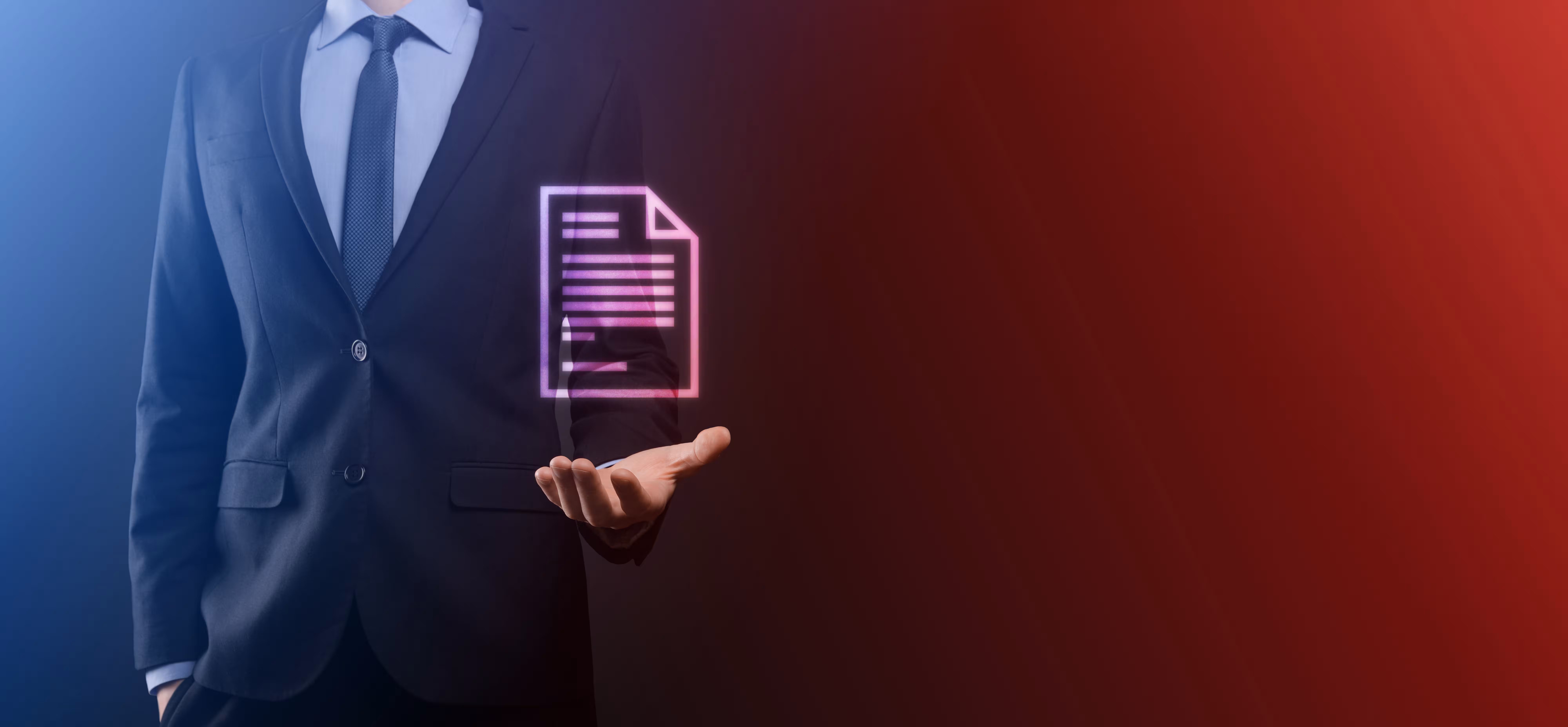 Business professional holding glowing digital document icon against blue and red gradient background