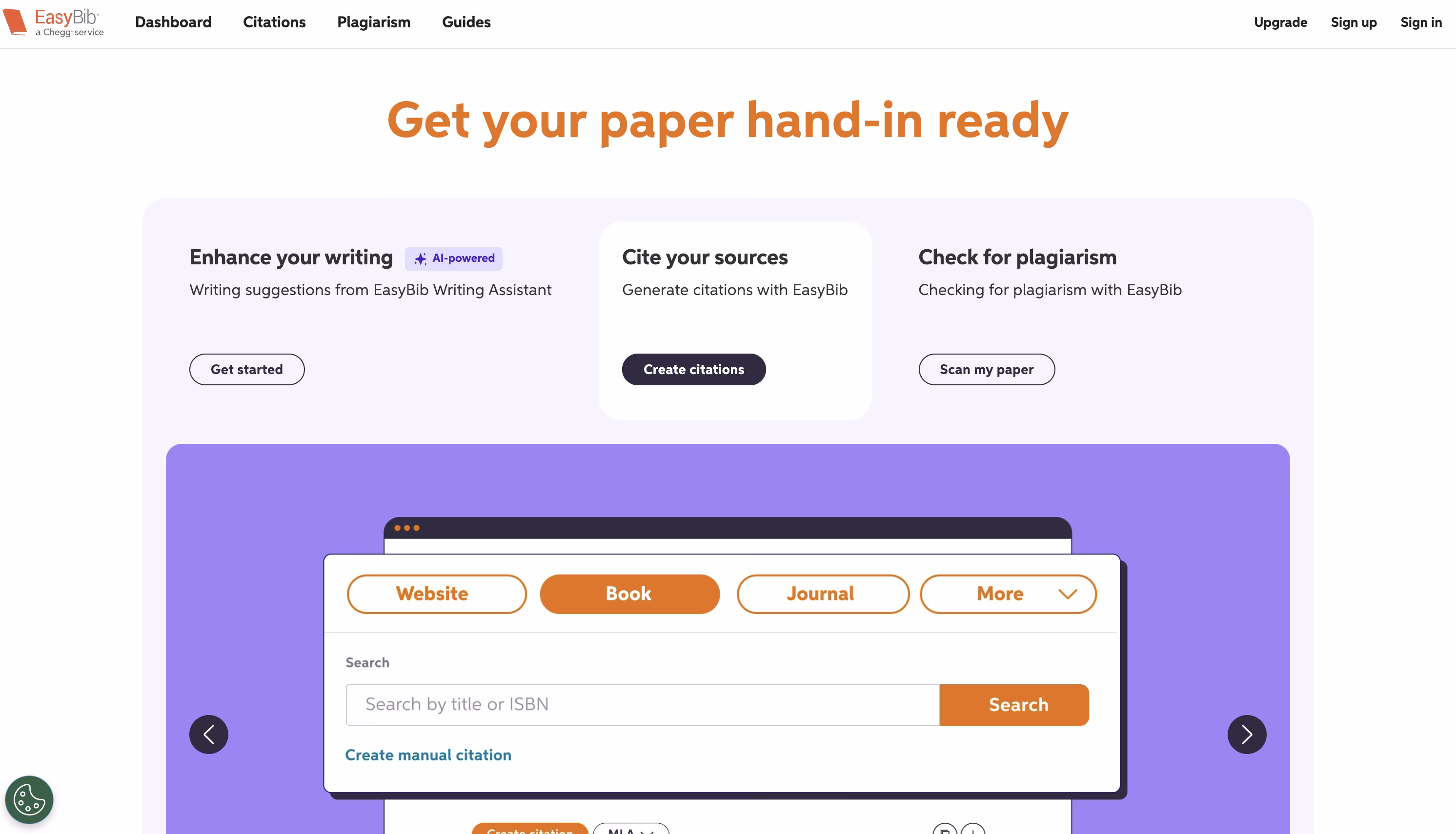 EasyBib interface displaying citation generation tools with source type selection options