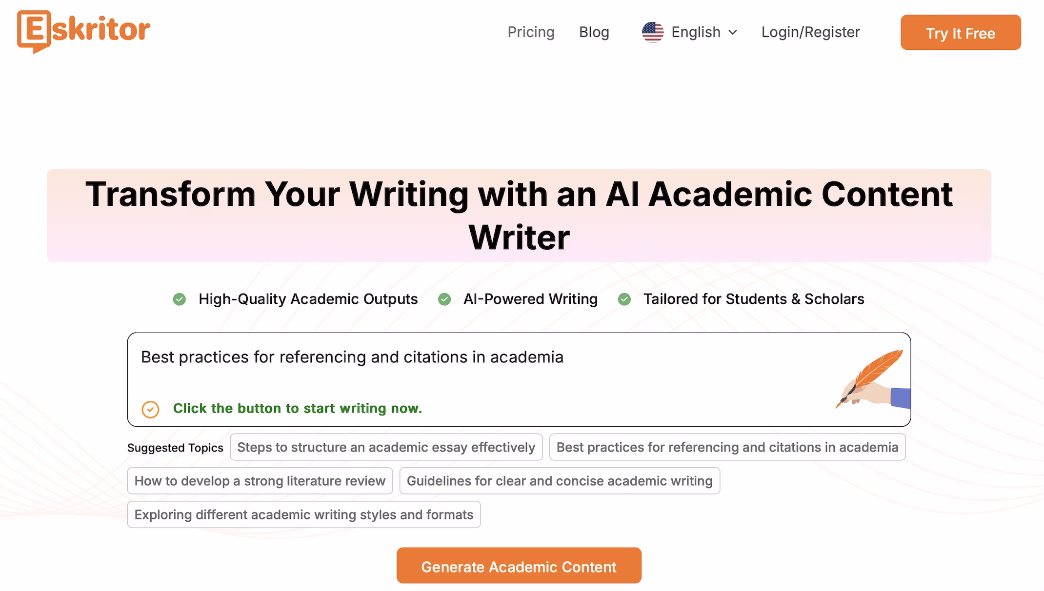Eskritor homepage featuring AI academic content writer and referencing best practices