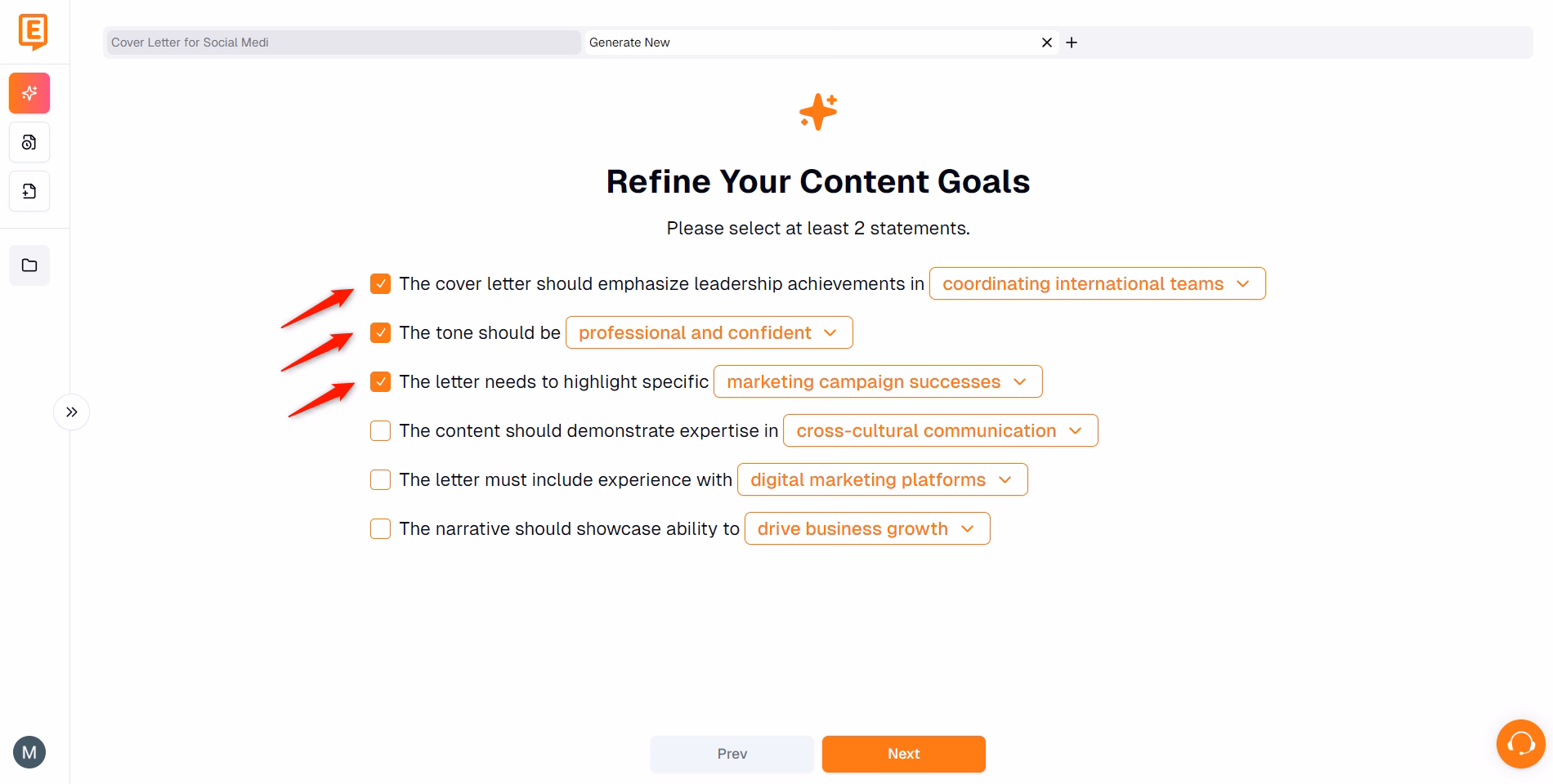 Cover letter content goals selection interface with customizable options