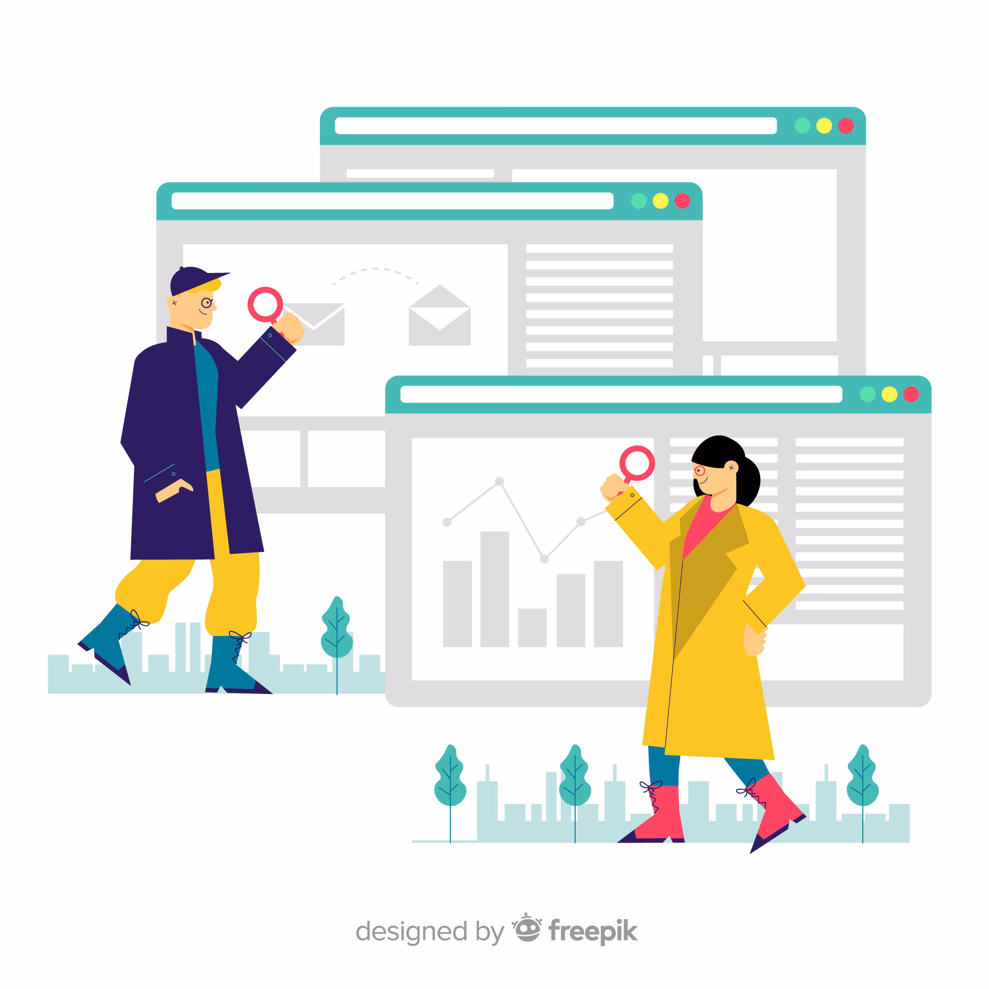 Two people with magnifying glasses analyze the growth metrics on SEO charts on large screen displays.