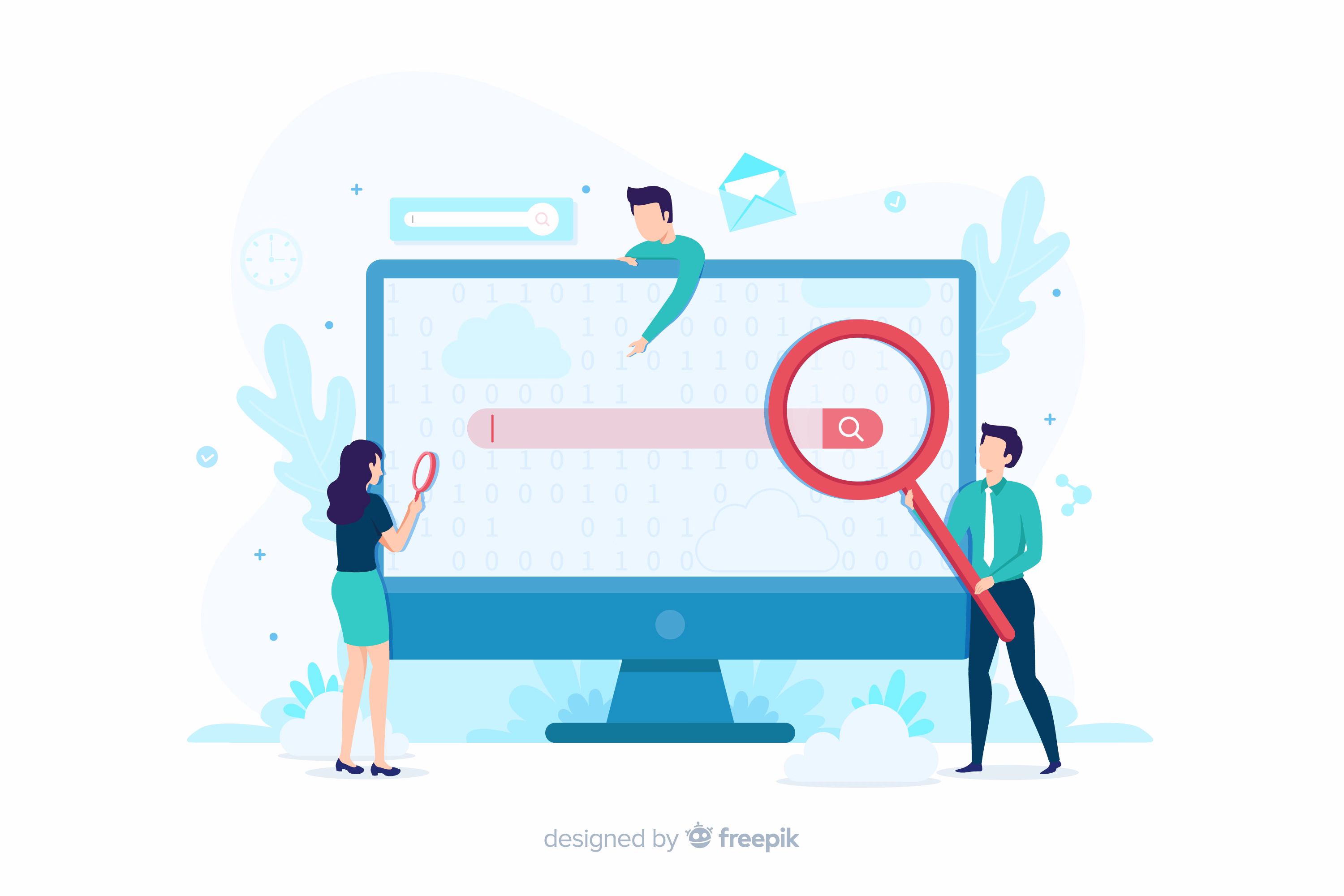 Illustration of two professionals examining keyword usage on a large digital screen to avoid cannibalization.