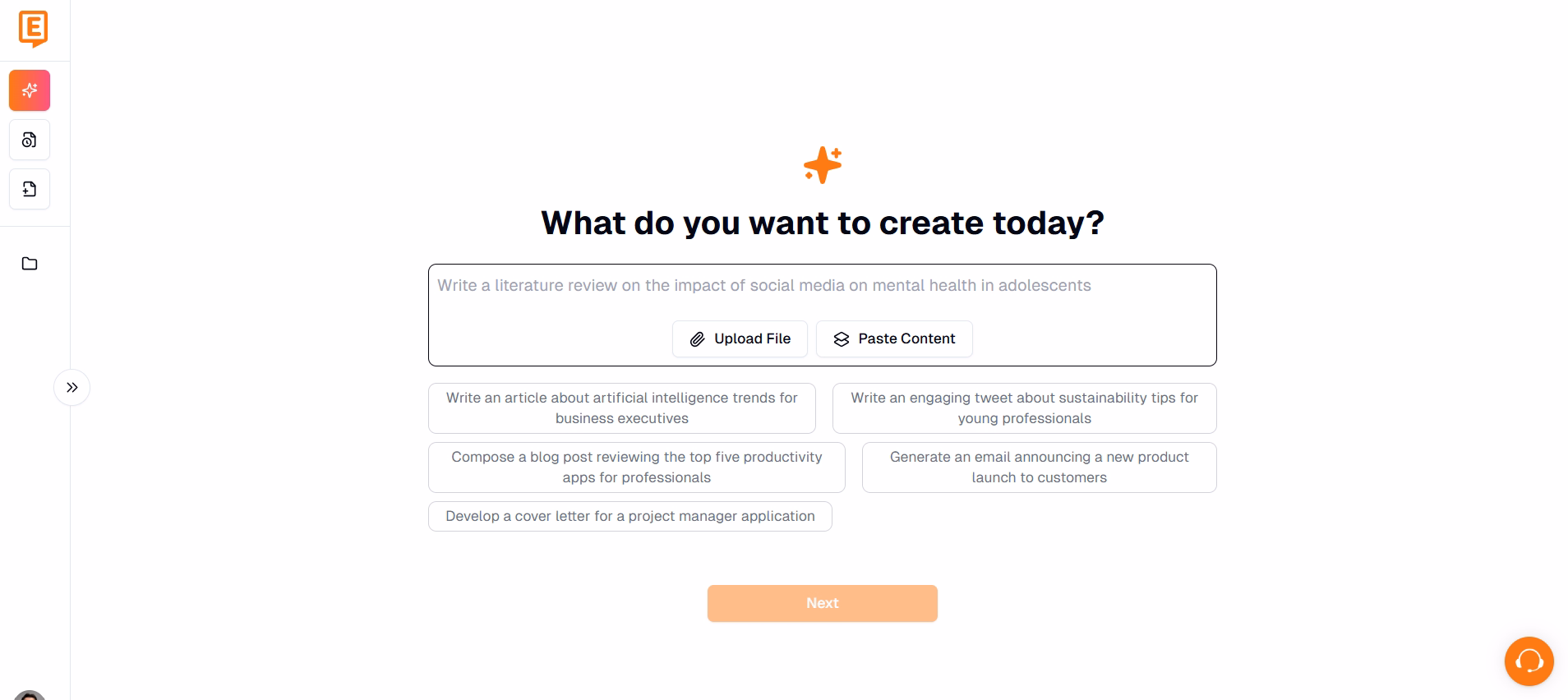 Eskritor content creation dashboard with prompt field and template options for various business documents.