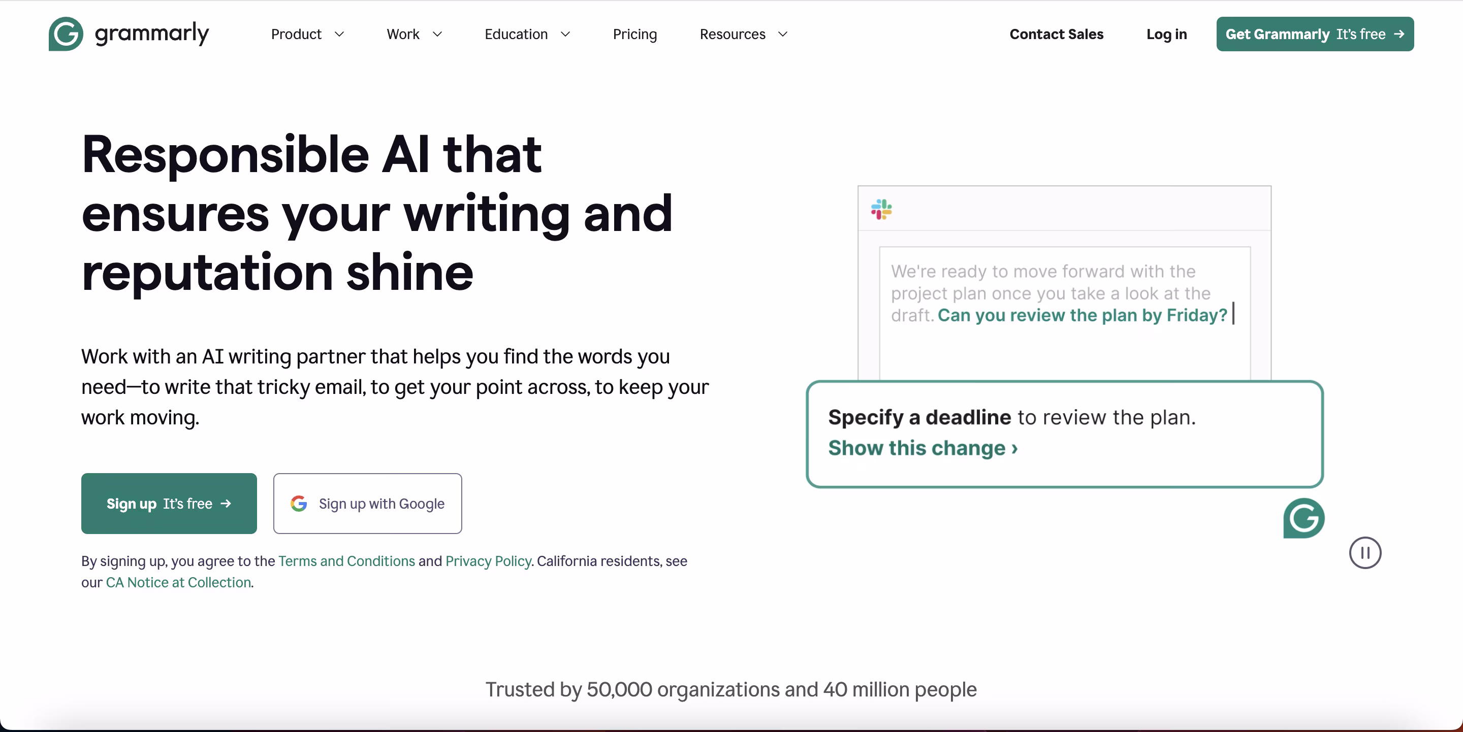 Grammarly homepage showcasing responsible AI for professional writing