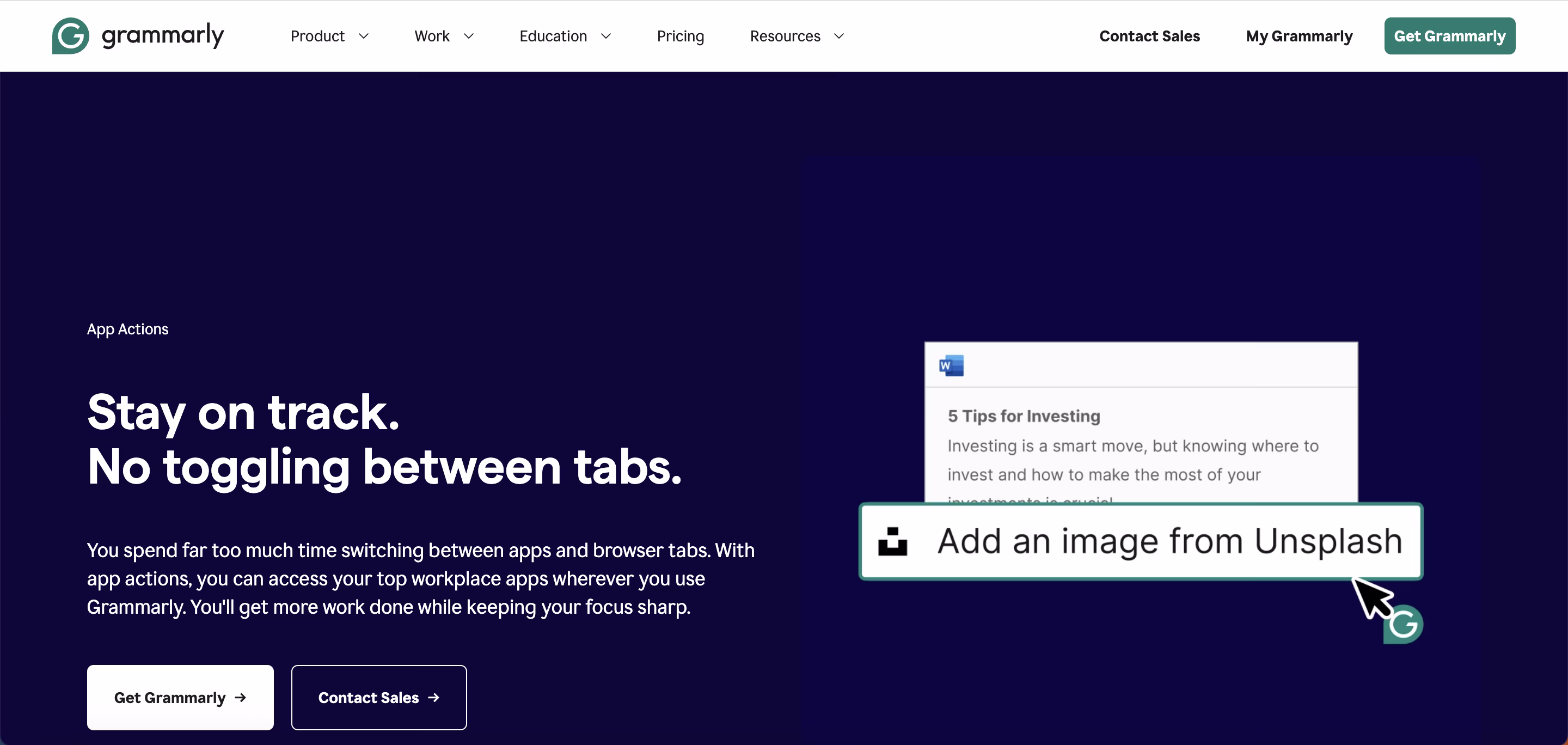 Интерфейс приложения Grammarly, показывающий возможности интеграции и функции повышения продуктивности.