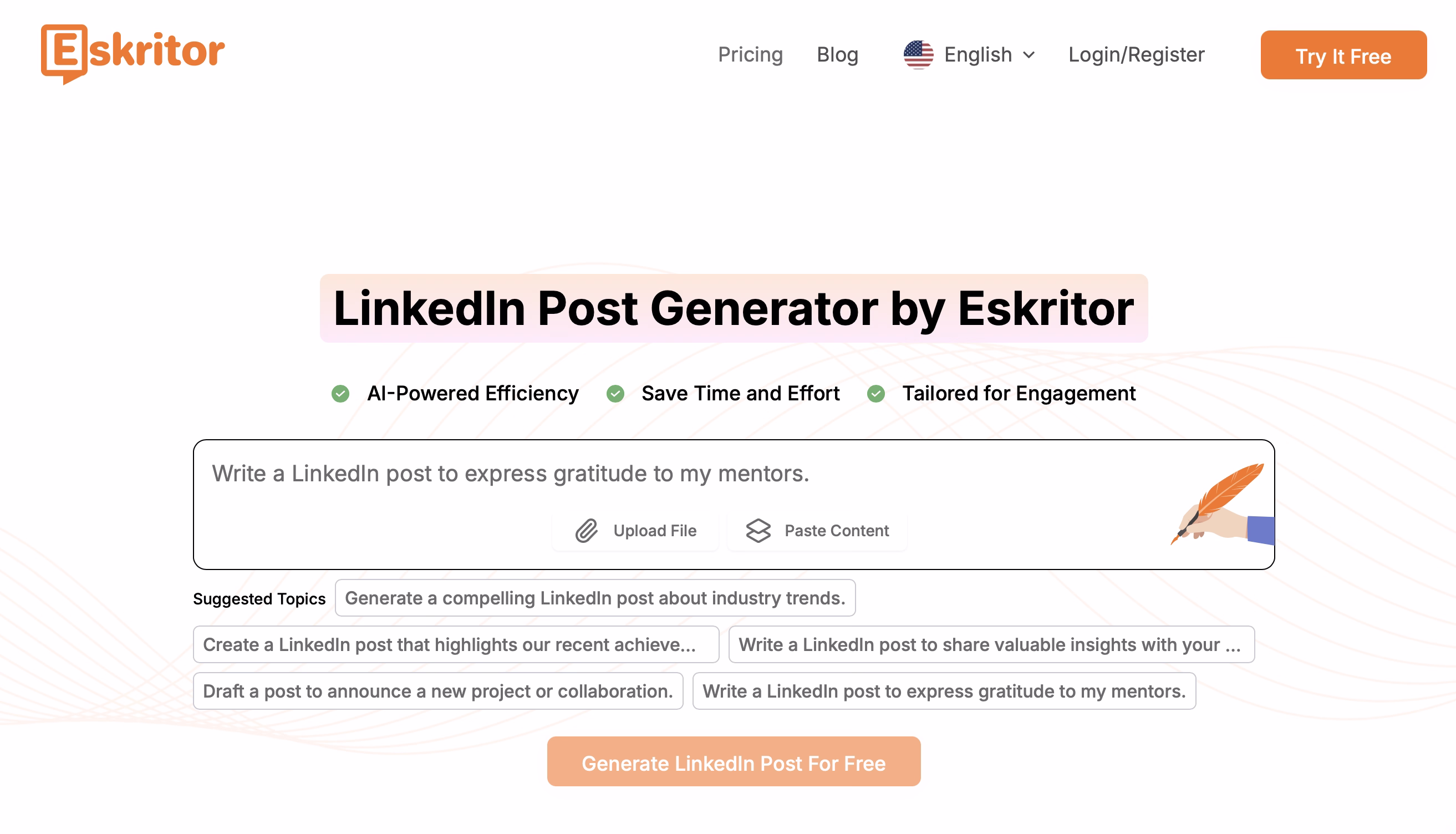 Eskritor's LinkedIn Post Generator tool interface with input field and generation options