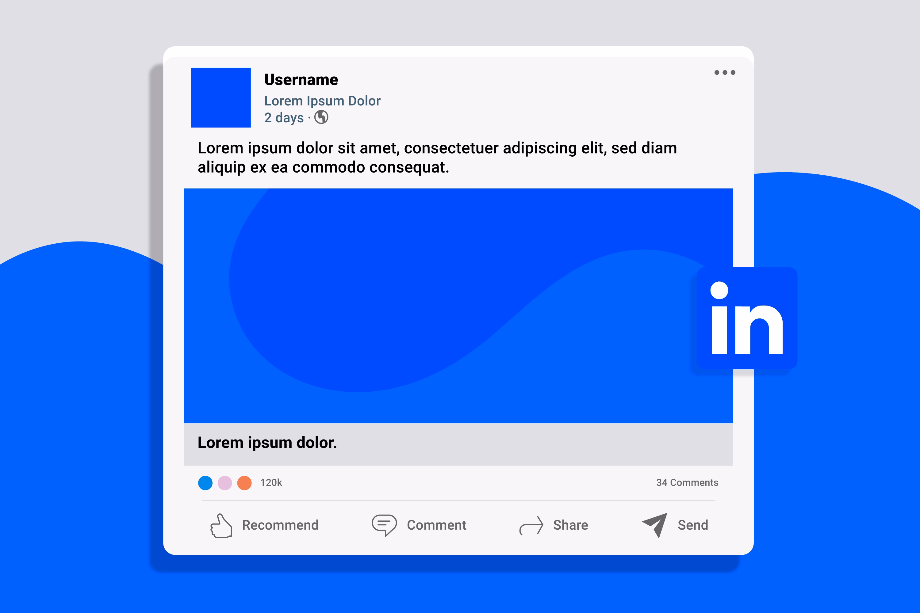 LinkedIn post interface with profile information and engagement options displayed on blue background