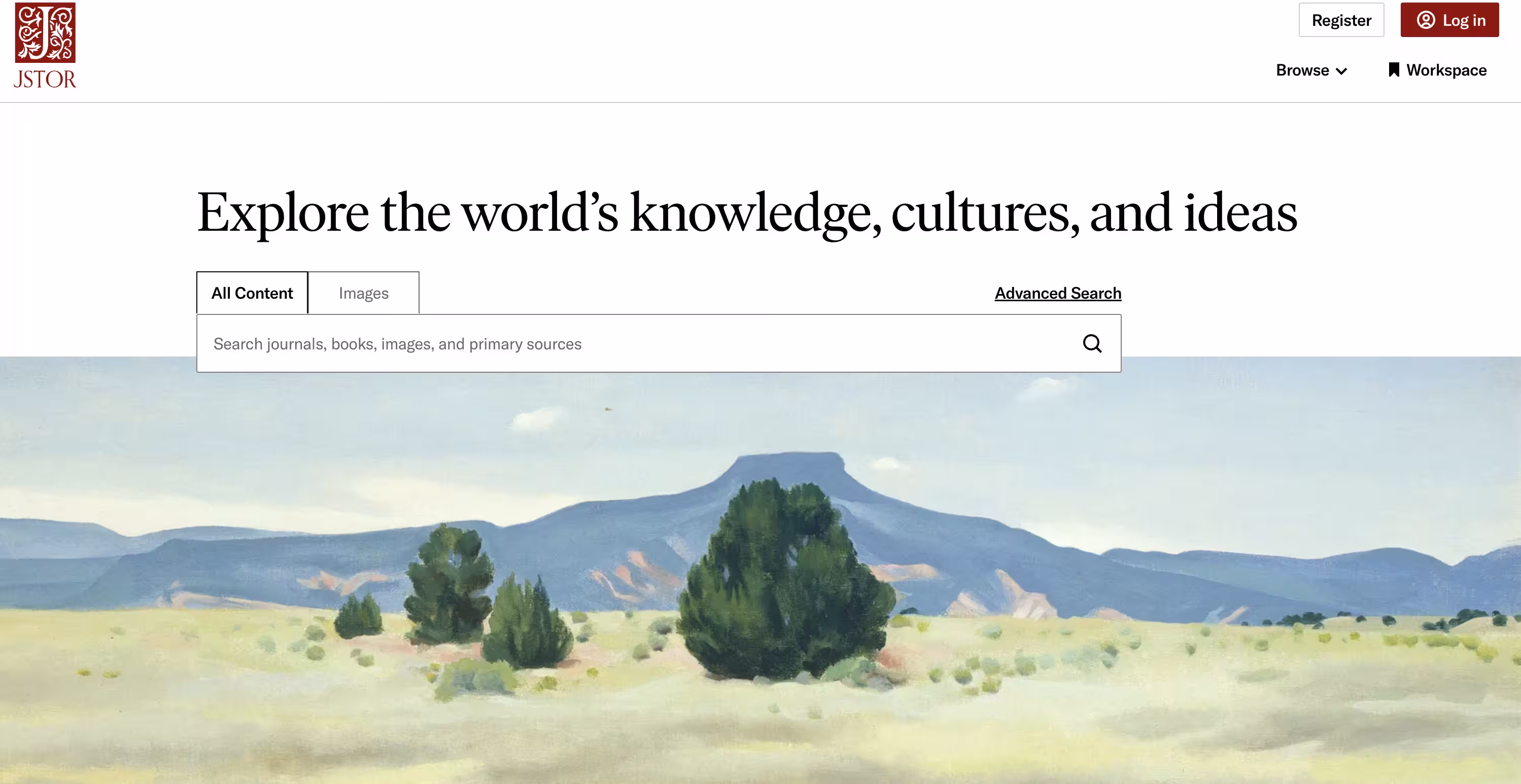JSTOR homepage showcasing its extensive digital library of academic journals and books