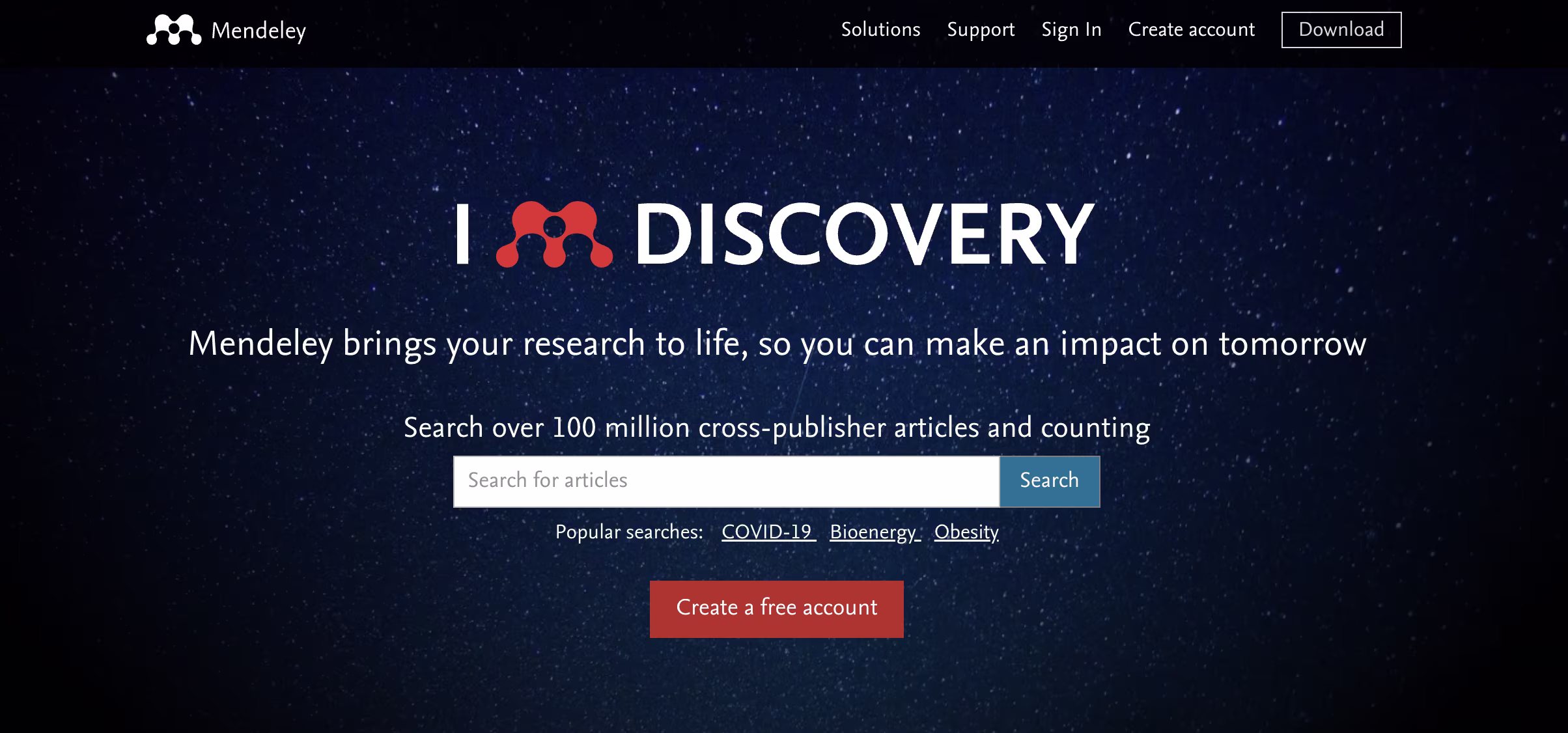 Mendeley homepage with starry background and search functionality