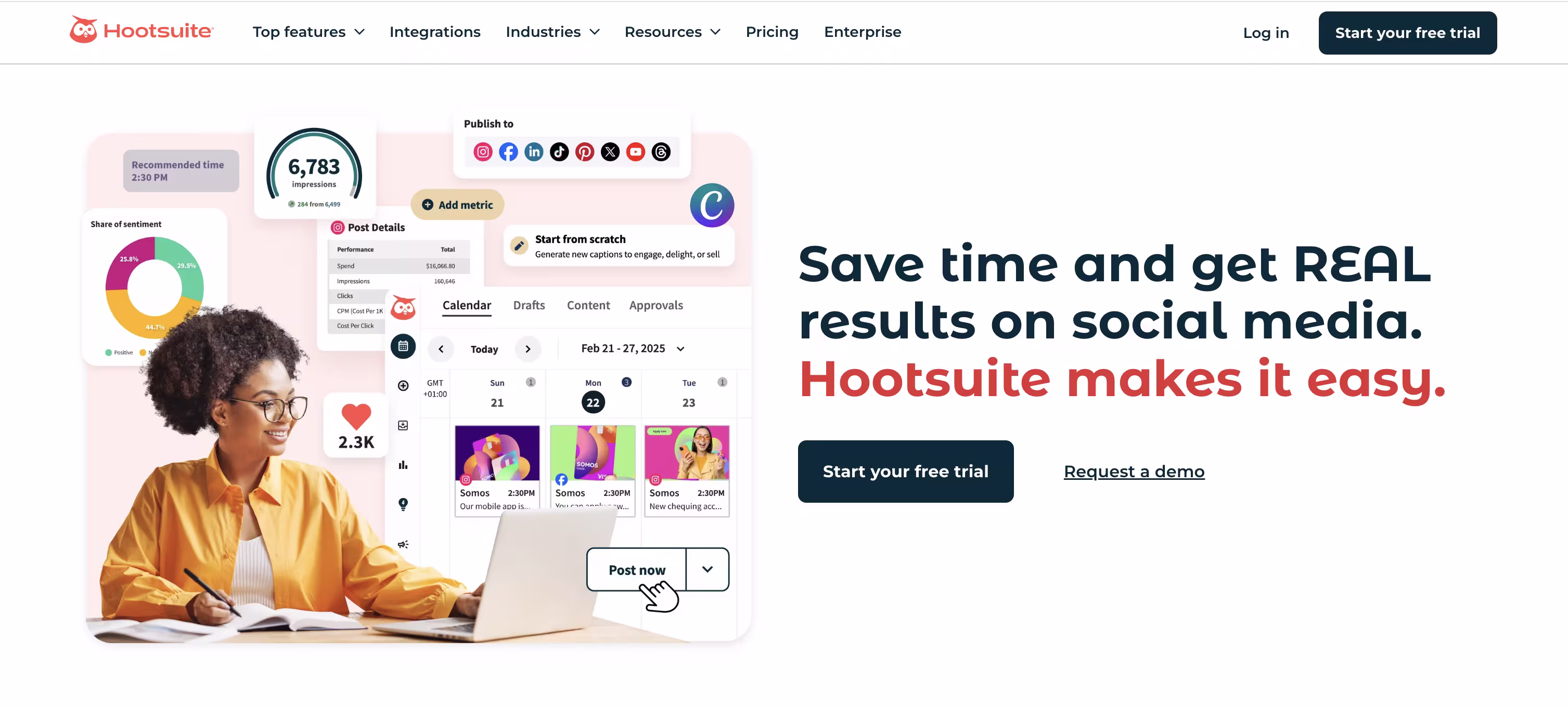 Интерфейс платформы Hootsuite, показывающий календарь контента, аналитику и возможности публикации на нескольких платформах