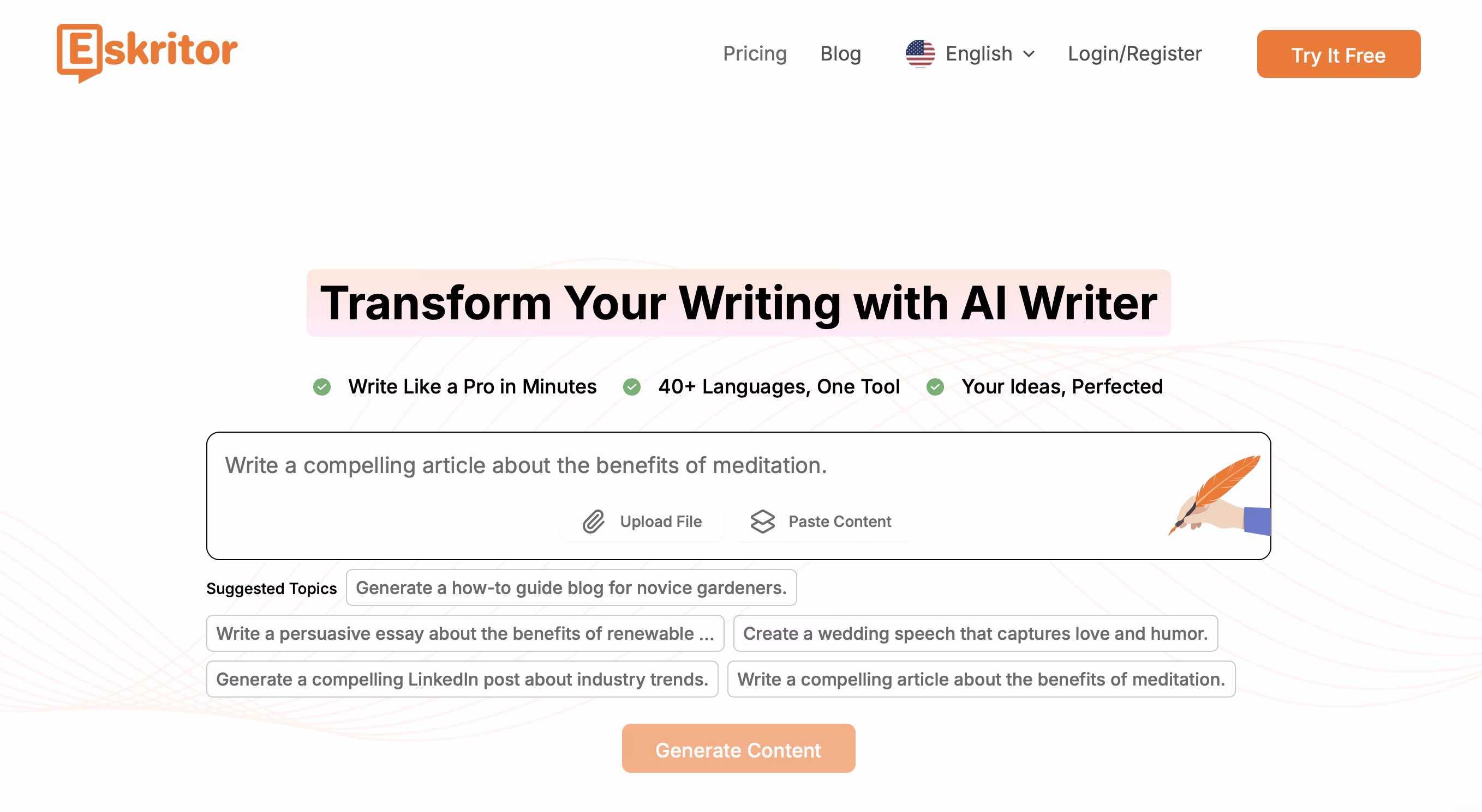 Eskritor AI writing tool interface showing prompts and content generation features