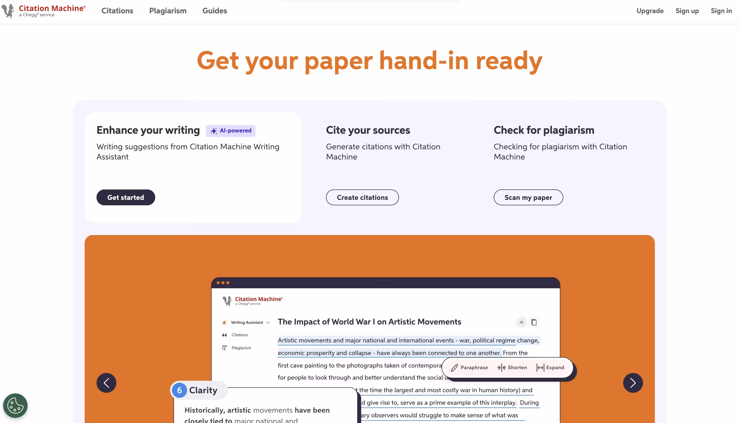 Citation Machine interface showing academic paper formatting tools and plagiarism checking