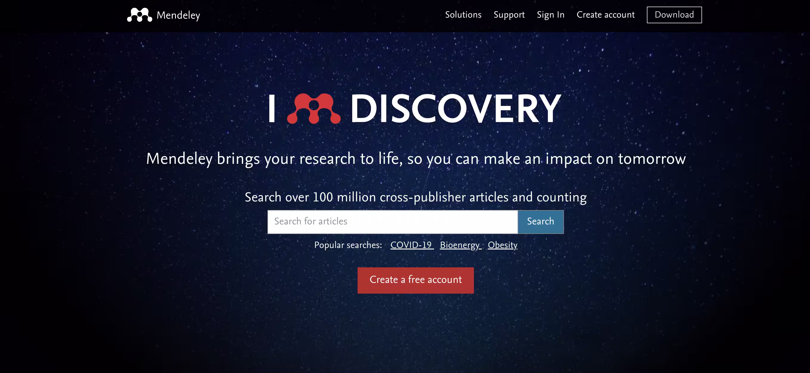 Mendeley research platform homepage with search function and article discovery features