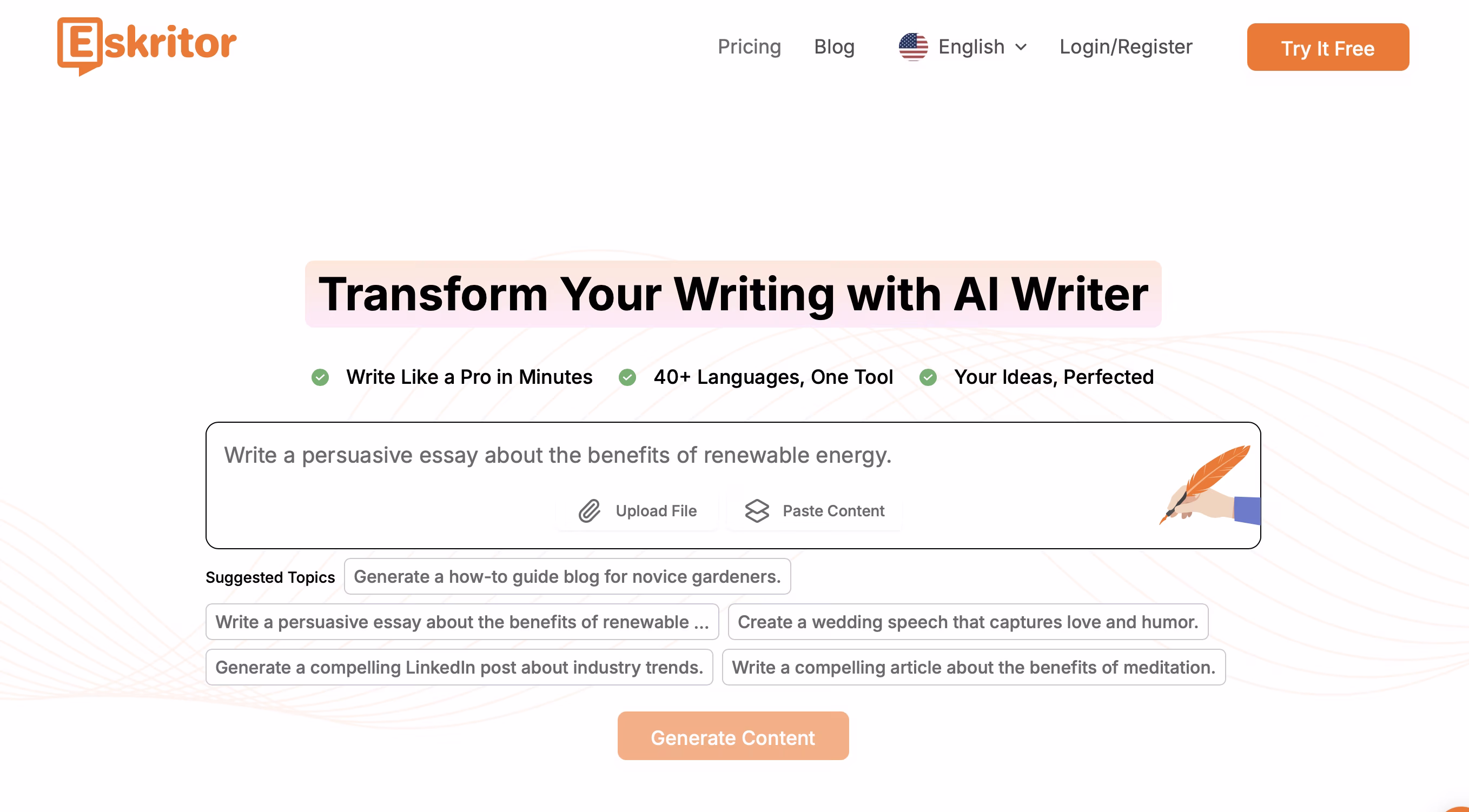 Eskritor AI writing platform interface showing input field and suggested writing topics