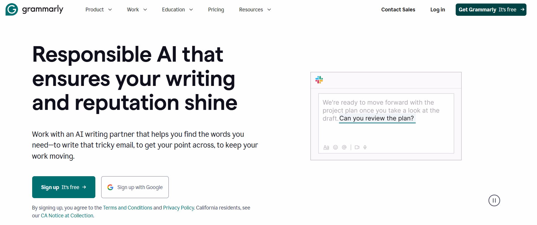 Grammarly homepage showing AI writing enhancement features with sample text correction demonstration
