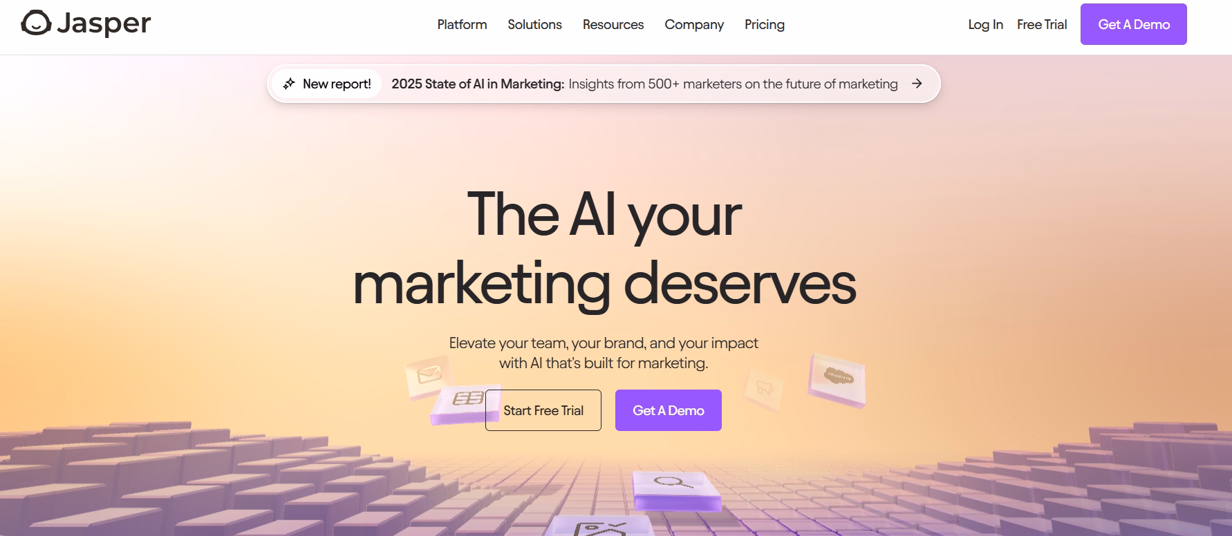 Jasper AI marketing platform homepage featuring gradient background and call-to-action buttons