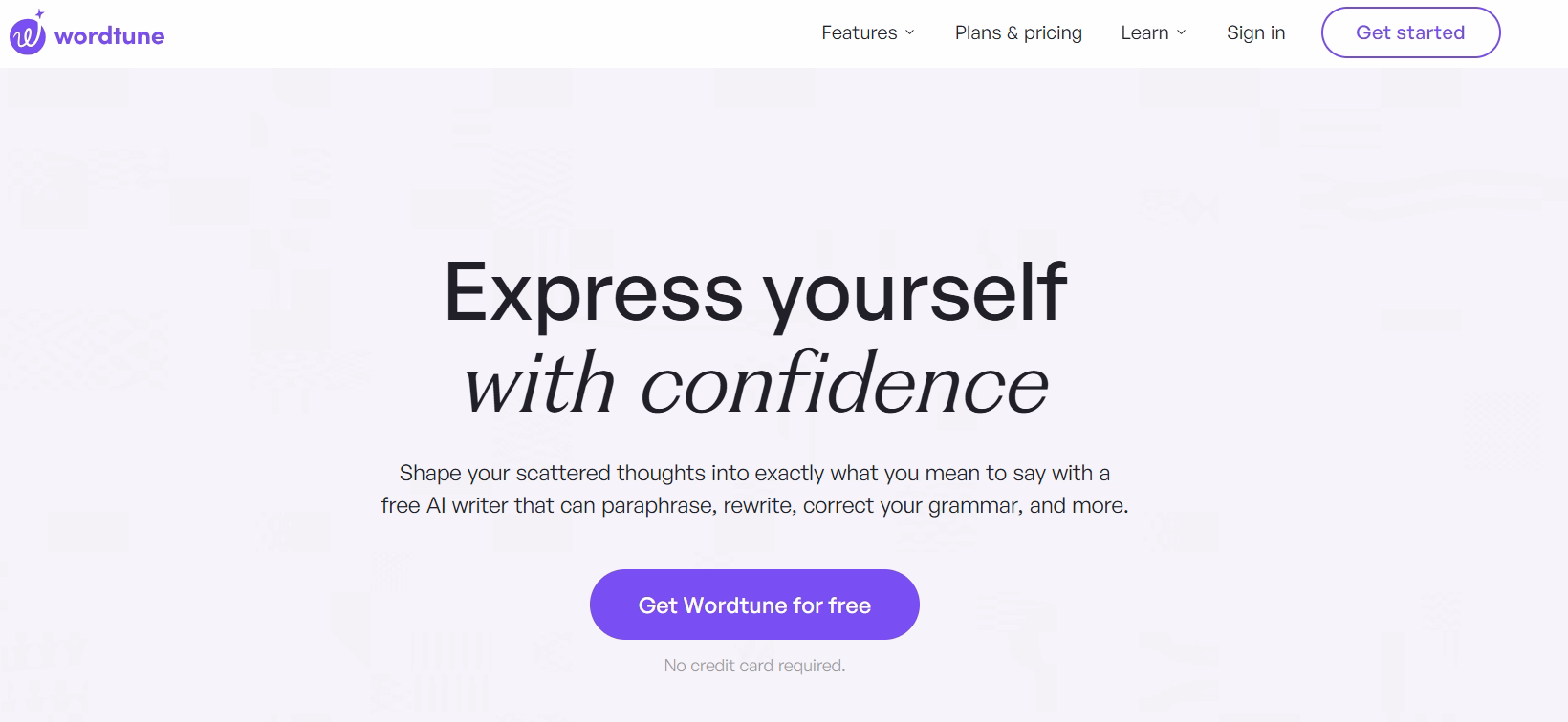Wordtune homepage with minimalist design highlighting their AI rewriting and paraphrasing capabilities